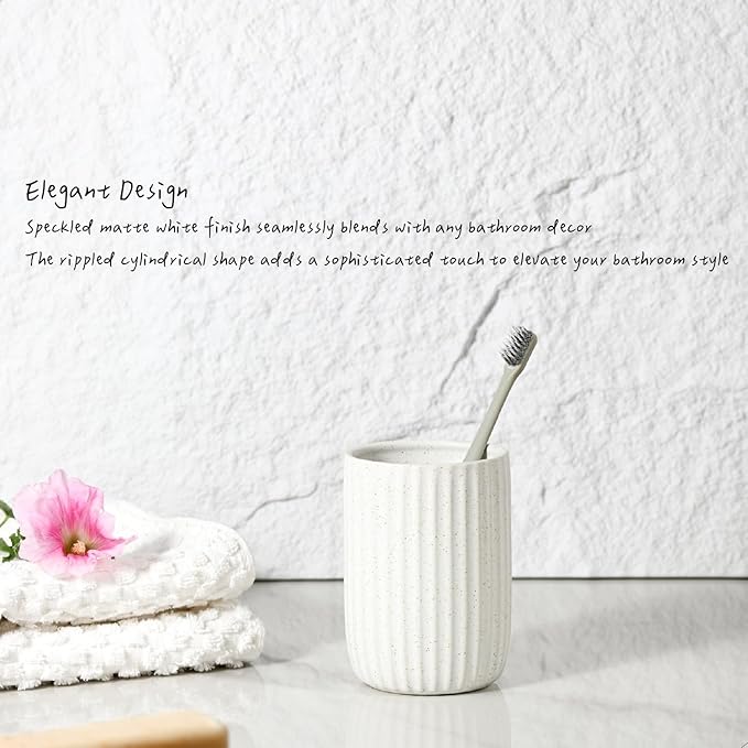 Speckled Matte White Ceramic Toothbrush Holder, Elegant Rippled Tumbler, Large Bathroom Organizer for Toothbrushes and Toothpaste, Pen Holder, Matte Speckled White