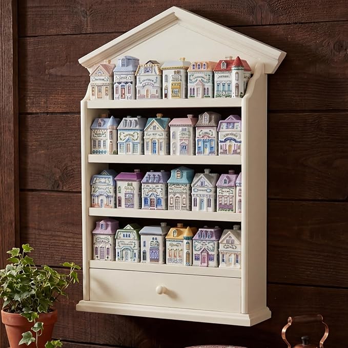 Chunful Vintage Spice Jar Wooden Rack with 4 Shelves and Drawer Hanging Spice Rack Wall Mounting Kitchen Storage Village Style Display Shelf for 24 Jars, Shelf Only(Stylish)