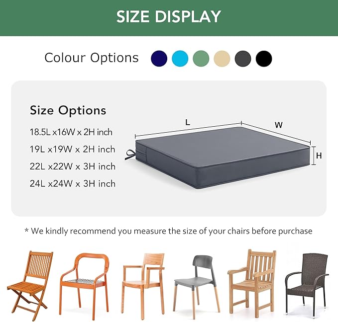Outdoor Chair Cushions Set of 2: Waterproof & Fade Resistant Deep Seat Cushion for Patio Furniture - 24 x 24 Inch Chair Pads with Ties and Hidden Zipper - Patio Chair Cushion Replacement, Dark Grey