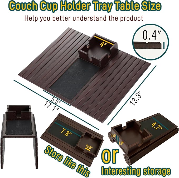 Bamboo Couch Cup Holder Arm Tray Table with Anti-Slip Cork Pad，Couch Drink Holder，Sofa Cup Holder Armrest Tray，Foldable Arm Chair Table Recliners for Drink, Cups, Eats，Snacks, Phone, Remote (Mahogany)