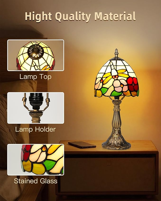 Small Tiffany Style Table Lamp, 5" Antique Stained Glass Lamp, Desk Bedside Table Night Lamp for Bedroom, Living Room, Office, Handcrafted Light (Dragonfly & Flower)