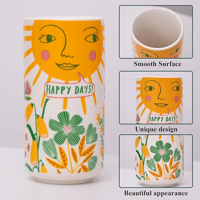MOUGIGI Cute Small Ceramic Flower Vase-Colorful Boho Unique Round Design with Lively Smiley Patterns-Dopamine Decor Multi Use as Makeup Brush Holder, Pencil Pen Cup-Perfect for Weddings, Mother's Day