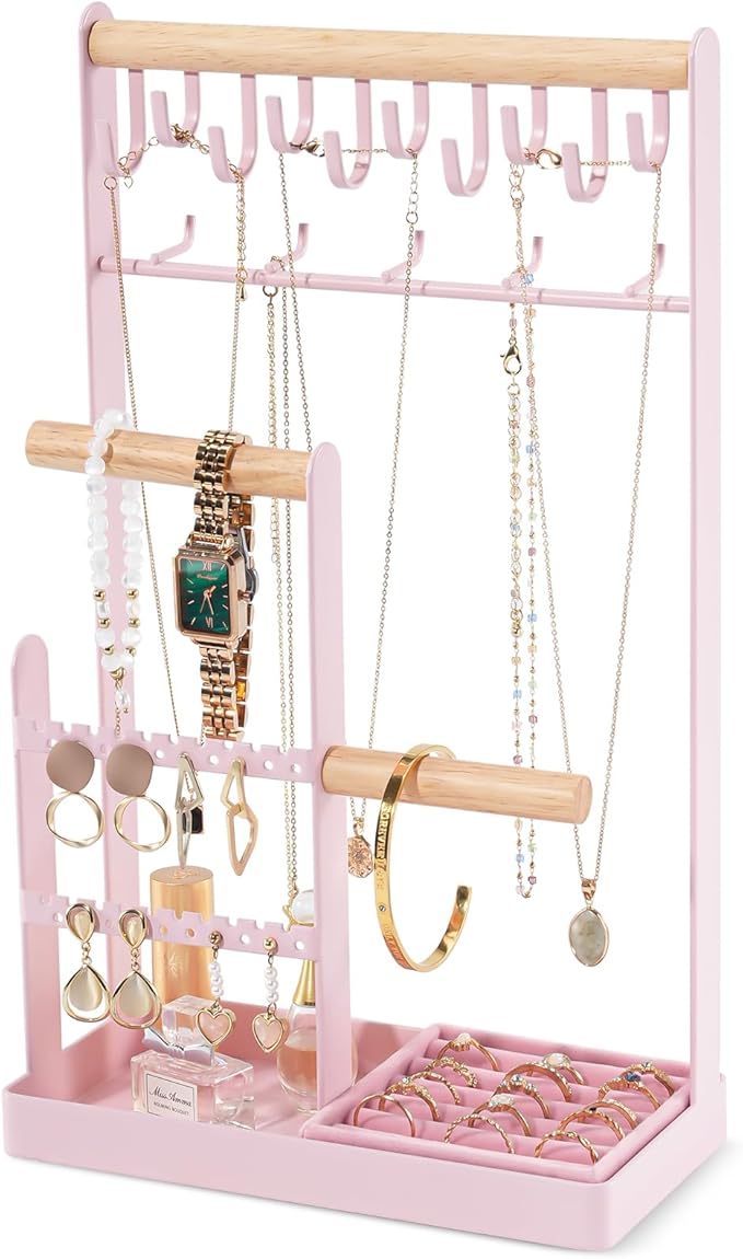 ProCase Jewelry Stand Holder Organizer, 5-Tier Necklace Holder with Ring Tray, 15 Hooks Necklaces Hanging Small Jewelry Display Storage Tower Tree for Bracelets Earrings Watches -Large, Pink