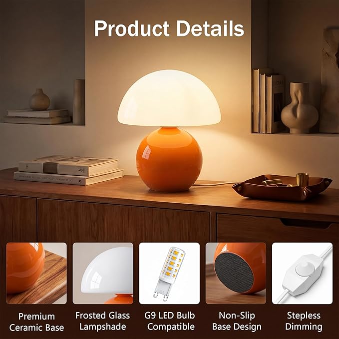 Dawnwake Mushroom Lamp Table Lamp for Bedroom,Desk Bedside Small Lamps for Living Room Night Stands, Cute Mini Modern Mid Century Desk Lamps,Unique Aesthetic Home Living Room Decor(Orange)