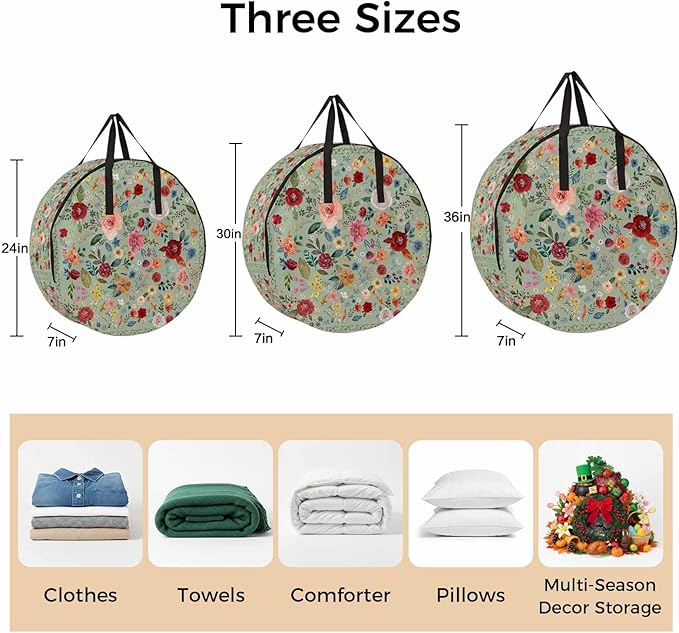 Storage Bag Sage Green Floral Round Storage Totes Bins Closet Organizers with Zippers & Handle Farmhouse Vintage Flower Clothes Storage Container for Bedroom Dorm Space Saving Packing Supplies Bags