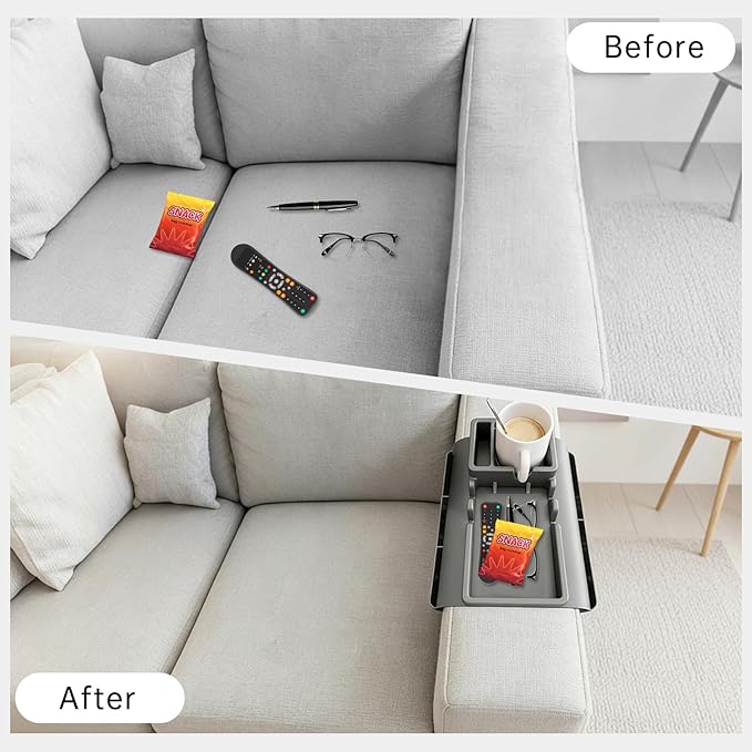 2PCS Couch Cup Holder Tray, Silicone Sofa Armrest Tray with Side Pockets, Anti-Slip Couch Arm Organizer Storage for Cell-Phone Tablet or Snack Remotes (Gray)