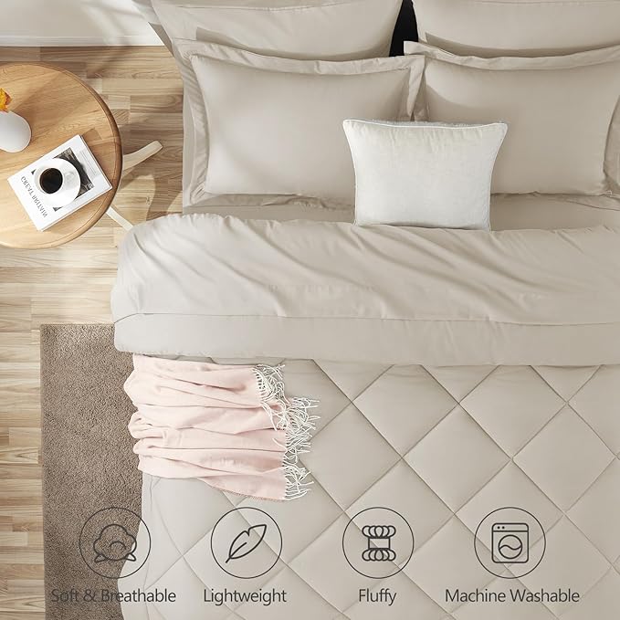 CozyLux Queen Comforter Set Beige - Bed in a Bag Queen Size 7 Pieces, Luxury Soft Bed Set for All Seasons, Bedding Set with Down Alternative Comforter, Sheets, Pillowcases & Shams