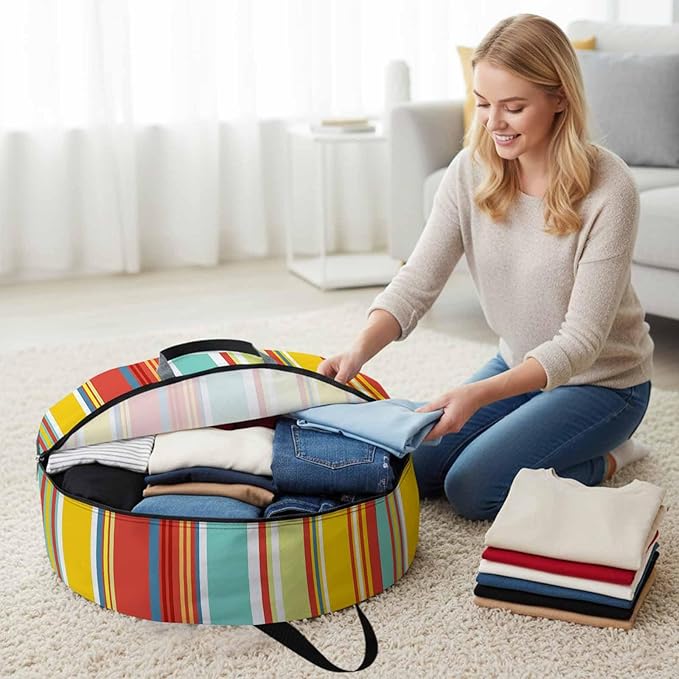 Storage Bag Colorful Stripes Round Storage Totes Bins Closet Organizers with Zippers & Handle Boho Style Striped Clothes Storage Container for Bedroom Dorm Space Saving Packing Supplies Moving Bags