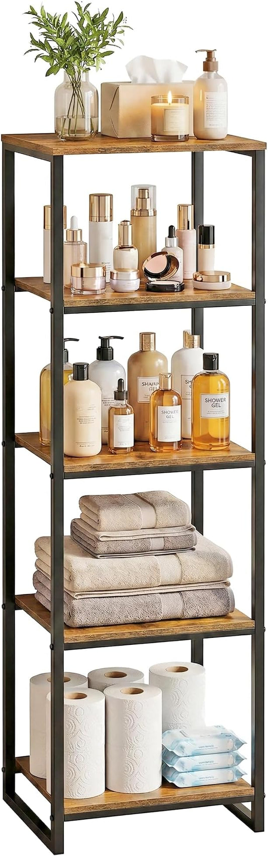 5-Tier Bathroom Shelving Unit, 47" H Narrow Open Floor Shelves, Metal Corner Slim Storage Rack for Bathroom Laundry Room Kitchen Living Room, Rustic Brown