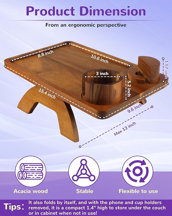 Couch Arm Tray Table with Cup Holder & Adjustable Phone Stand – Foldable Acacia Wood Sofa Arm Clip Table for Wide Couches, Recliners, and Living Room Use