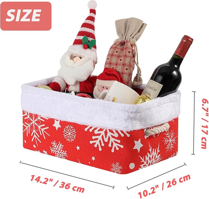 INough Christmas Ornament Storage Box Holiday Decoration Organizer, Christmas Basket for Kids Large Gifts Baskets Empty with Handles Santa Sack with Drawstring (Medium, Snowflake)