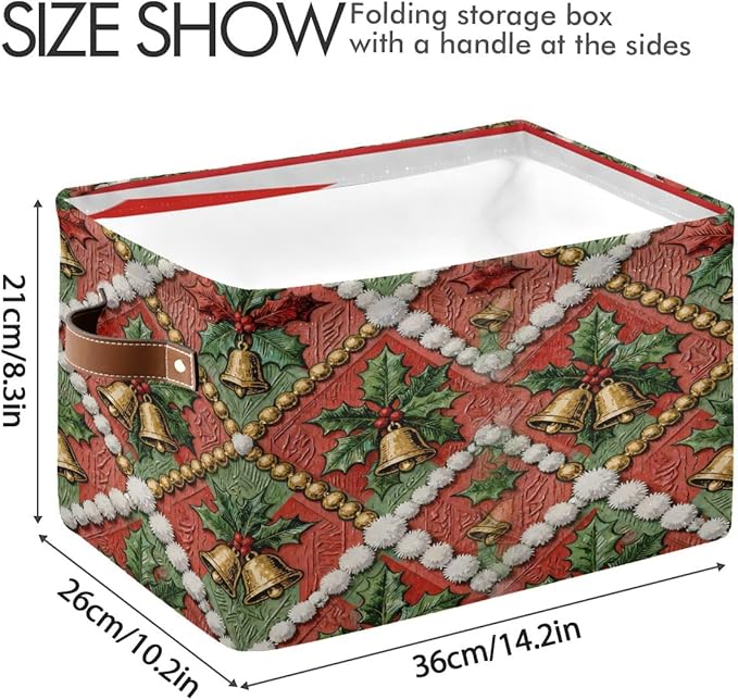 Christmas Storage Basket, Collapsible Canvas Box with Leather Handles, 14.2x10.2x8.3 Inches, Festive Holiday Pattern, Water Resistant, Rectangular Organizer for Bedroom Storage