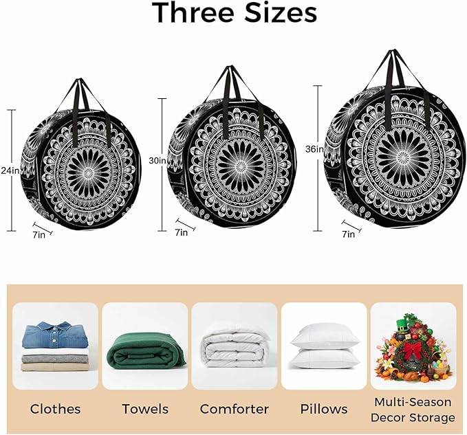 Storage Bag Black Boho Floral Pattern Round Storage Totes Bins Closet Organizers with Zippers & Handle Ethnic Bohemian Lines Clothes Storage Container for Bedroom Dorm Space Saving Packing Supplies