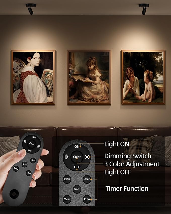 EZVALO Wireless LED Spotlights Indoor, 5500mAh Rechargeable Battery Powered Plants Spotlights Indoor, Dimmable & Timer, 3 CCT Small Up Lights with Remote, Accent Uplighting for Artwork, Tree(Black)