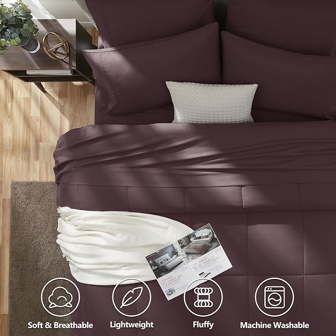 CozyLux King Size Comforter Set Cocoa Powder, 7 Pieces Bed in a Bag, Brown Comforter King Size, All Season Bedding Sets with Stitch Quilted Comforter, Flat Sheet, Fitted Sheet, Pillowcases