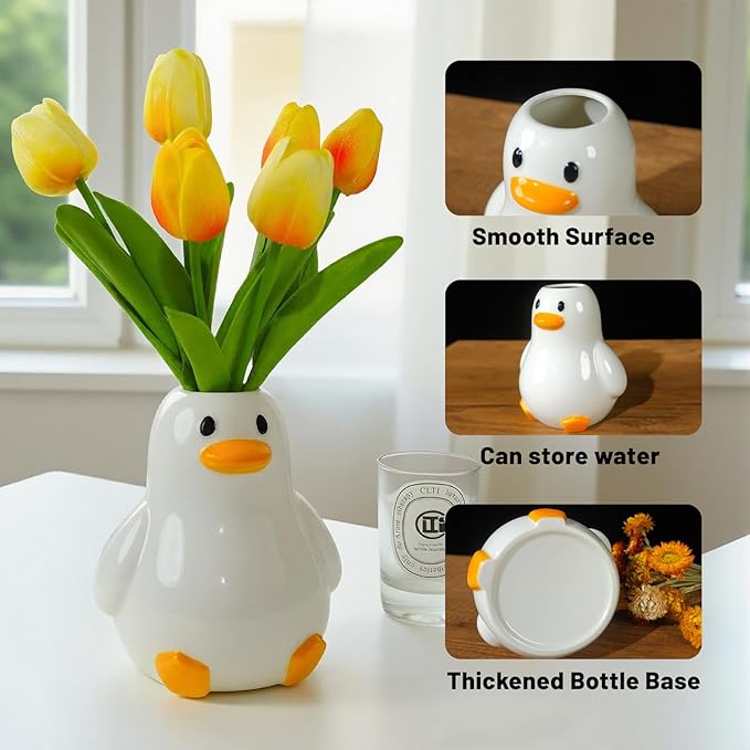 Mougigi Unique Duck Vase - Cute White Ceramic Handcrafted Piece with Round Modern Design, Funky Aesthetic Table Decor for Flowers/Accessories, Cool Animal Goose-Themed Art Vase Great for Decor Gifts