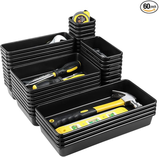 60PCS Tool Box Organizer Tray Divider, More Large Sizes-5 Sizes Desk Drawer Organizers Garage Tool Organizer and Storage, Black Plastic Tray Organizer Bins for Home Office Supplies and Tools