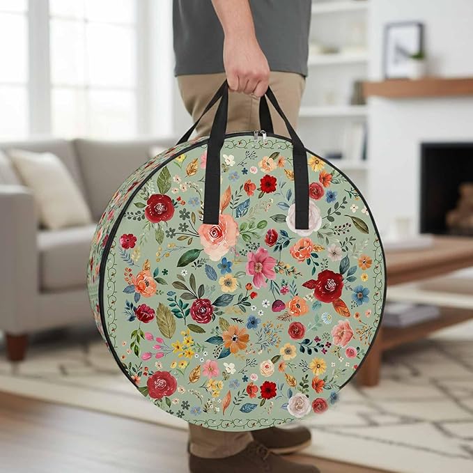 Storage Bag Sage Green Floral Round Storage Totes Bins Closet Organizers with Zippers & Handle Farmhouse Vintage Flower Clothes Storage Container for Bedroom Dorm Space Saving Packing Supplies Bags