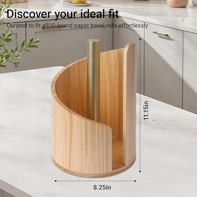 Paper Towel Holder Countertop with Wood Round Base and Iron Holder,Holds Mega Roll,Holder Stand for Kitchen Roll Organize,Wooden Paper Towel Holder for Kitchen Dining Table Home Decor