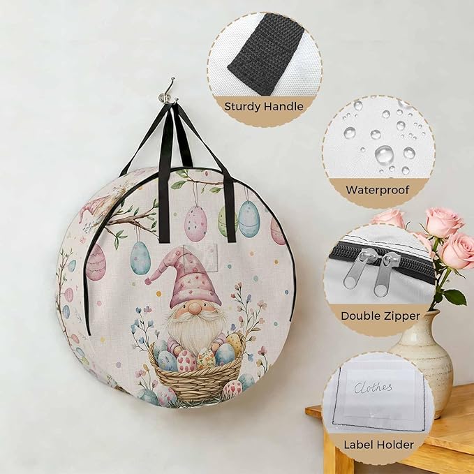 Easter Basket Gnome Round Storage Bag 24 Inch, Vintage Pink Blue Eggs Branch Spring Floral Linen Clothes Storage Container with Handles Heavy Duty Organizer for Comforter, Bedding & Holiday Wreaths