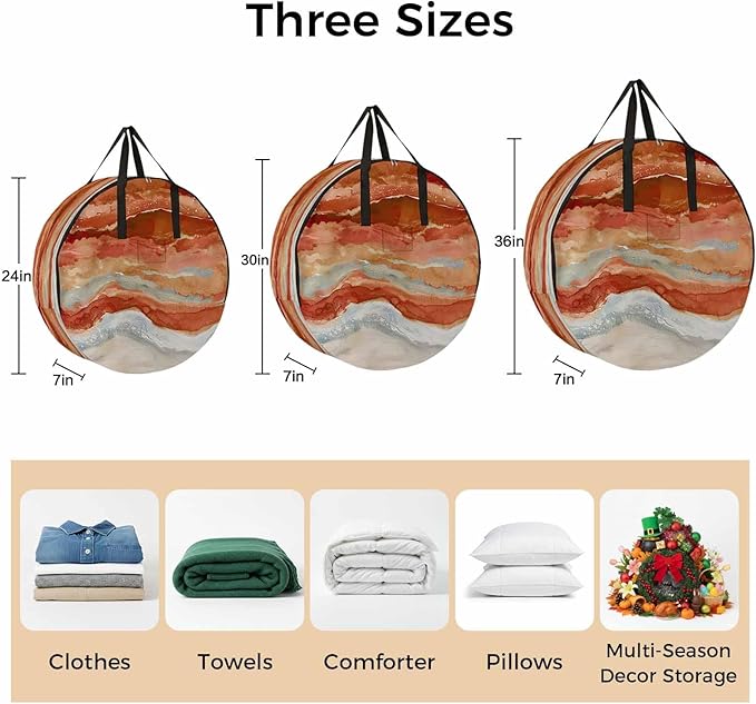 Abstract Orange Round Storage Bag 30 Inch, Gradient Beach Ocean Wave Oil Painting Clothes Storage Container with Handles Heavy Duty Organizer for Comforter, Bedding & Holiday Wreaths