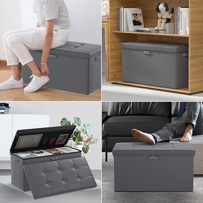 DocSafe Storage Ottoman Bench with Lock,Fireproof 30 Inches Folding Bench Foot Rest Stool Storage Chest Safe for Living Room,Bedroom,Home Office,Waterproof Leather Ottoman with Handles,Gray