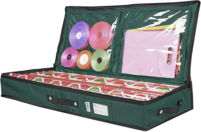 Primode Wrapping Paper Storage Container | Under Bed Gift Wrap Organizer for 30 Inch Rolls | 31”x13.5”x4.5” | 600D Oxford Material | Box Holder with Pockets for Ribbon, Bows, and Accessories (Green)