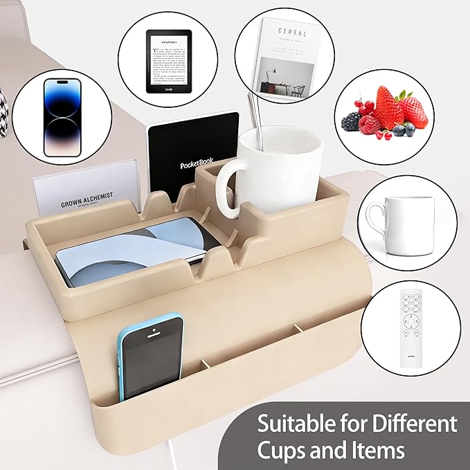 Couch Arm Cup Holder - Silicone Sofa Armrest Tray with 5 Side Pockets, Anti-Slip Armrest Recliner Armchair Caddy, Sofa Table Organizer for Drinks Tablet Remote Snacks Cellphone Cup (Apricot)