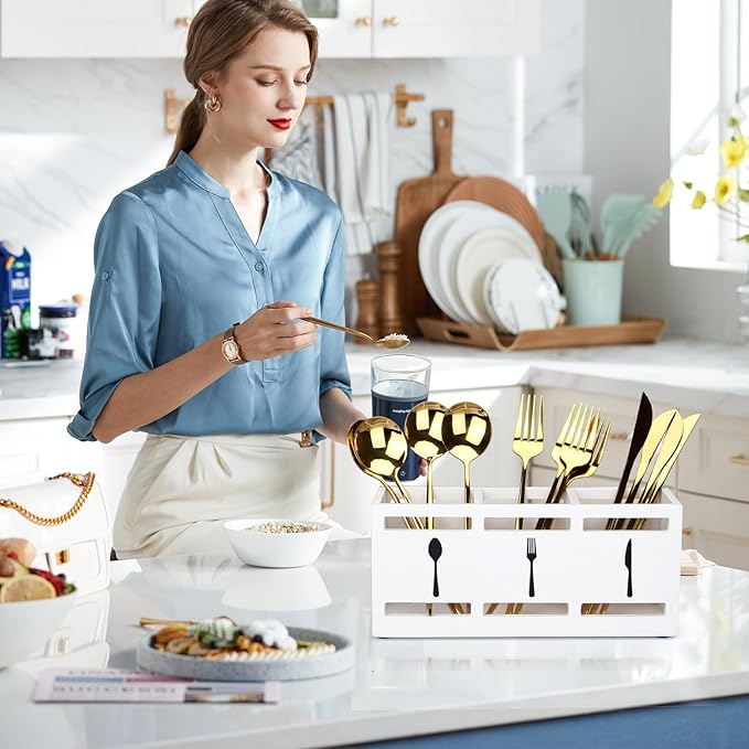 Wooden Silverware Cutlery Holder White Flatware Caddy Kitchen Utensils Holder for Party Wood Silverware Organizer Storage Containers for Countertop Spoon and Fork Holder Flatware Silverware Caddies