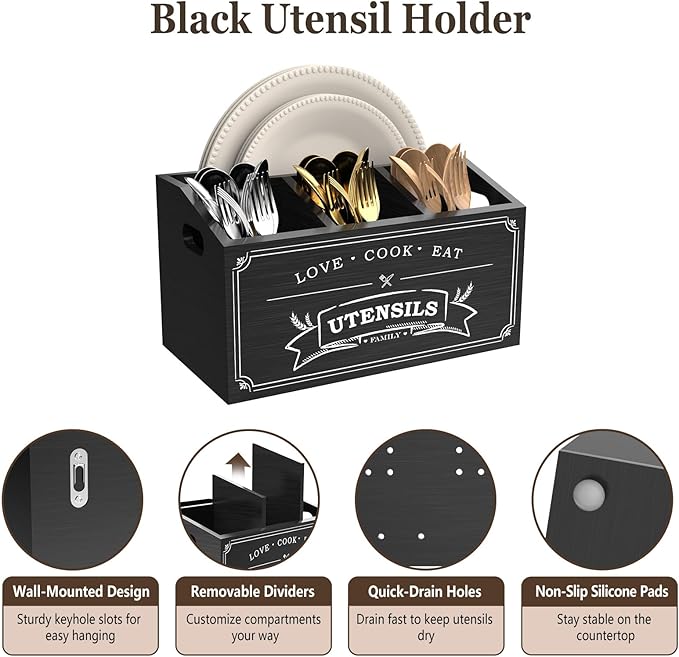 COAZEX Large Kitchen Utensil Holder with 5 Compartments, Wooden Cooking Utensil Holder for Countertop or Wall Mount, Rustic Farmhouse Utensil Caddy for Silverware, Forks, Spoons, and Spatulas (Black)