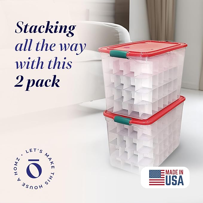 HOMZ 2-Pack Holiday Tote, Clear Plastic Storage Bins w/Lids & Dividers, 112 Quart, Red - Stackable Organizing Containers for Christmas Ornament Decorations, Gift Wraps, and Crafts