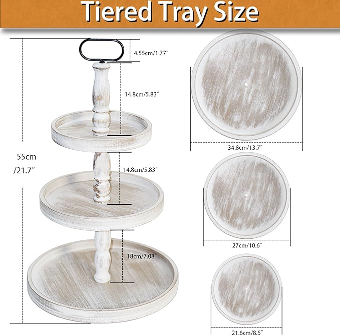 Krismax Decorative Tray - Cupcake Stand Three Tiered Tray Stand, Rustic Round Farmhouse Style Tiered Tray Decor, Farmhouse 3 Tiered Serving Tray, Holiday Decoration (White)
