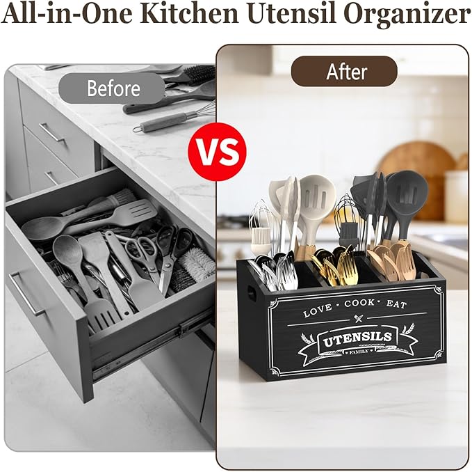 COAZEX Large Kitchen Utensil Holder with 5 Compartments, Wooden Cooking Utensil Holder for Countertop or Wall Mount, Rustic Farmhouse Utensil Caddy for Silverware, Forks, Spoons, and Spatulas (Black)