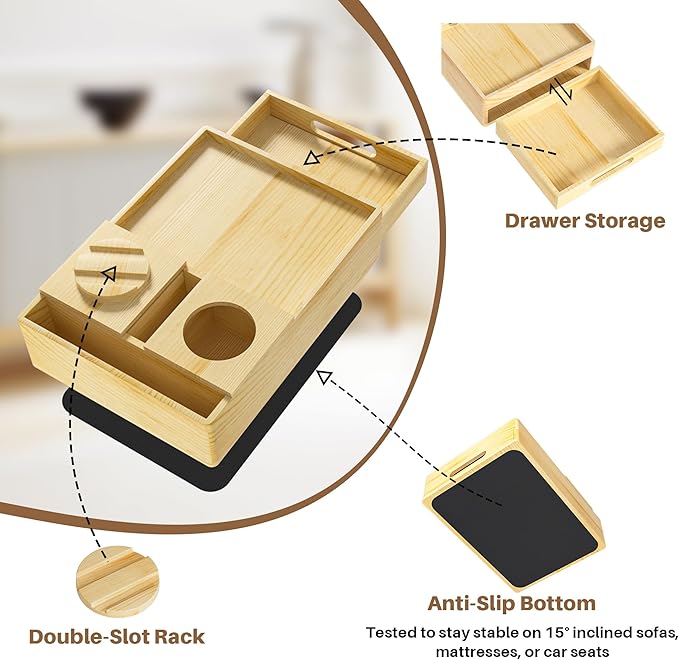Couch Cup Holder, 7-in-1 Couch Caddy Tray, Sofa Side Table with Push-Pull Drawer to Organize and Store Small Objects, 360°Swivel Phone Holder, for Drinks, Cups, Snacks, Remote