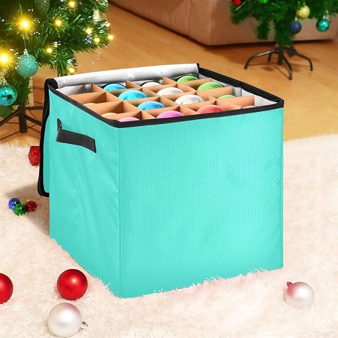 Turquoise Teal Blue Christmas Ornament Storage Basket Box Holiday Storage Container Cube with Adjustable Dividers for 64 Holiday Ornaments or Decorations Keeps Clean and Dry for Next Season