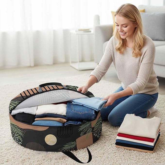 24 Inch Round Storage Bag 2 Pack,Boho Leaf Arch Moon Waterproof Wreath Storage Container with Handles&Zipper Mid Century Vintage Brown Closet Organizer Bags Garland Box