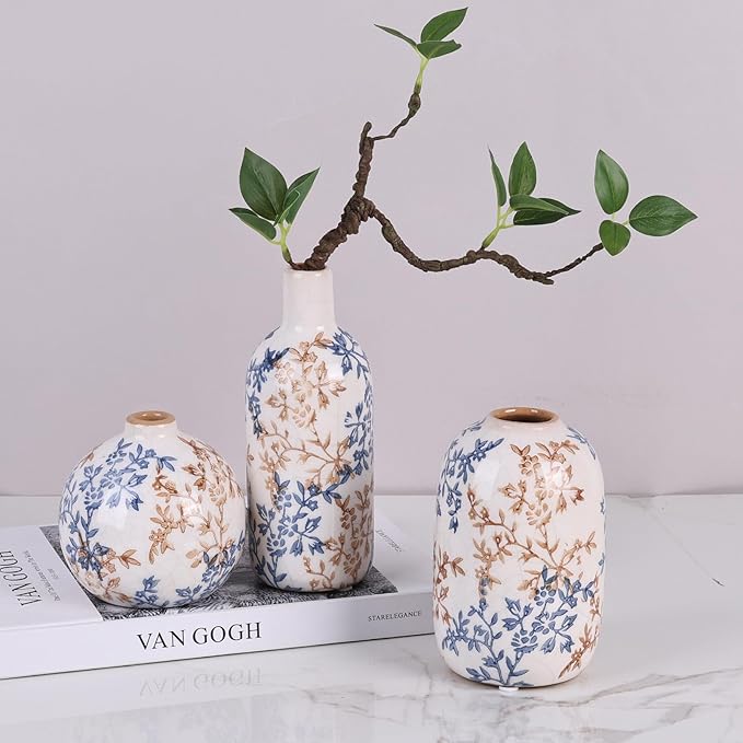 Cute Vase Matte Ceramic vases Set of 3 Blue, Modern Boho Vases for Decor Small vase,Centerpiece Table Decor japandi Home Decor Minimalist vase for Décor Room,Entryway, Bookshelf, Mantel, Shelf Décor