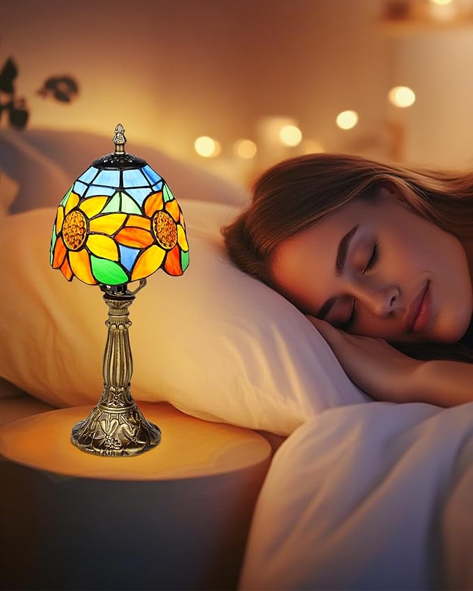 Tiffany Style Table Lamp, 6 Inch Sunflower Stained Glass Lamp, Small Antique Bedside Night Lamp for Bedroom, Living Room, Office, Included LED Bulb