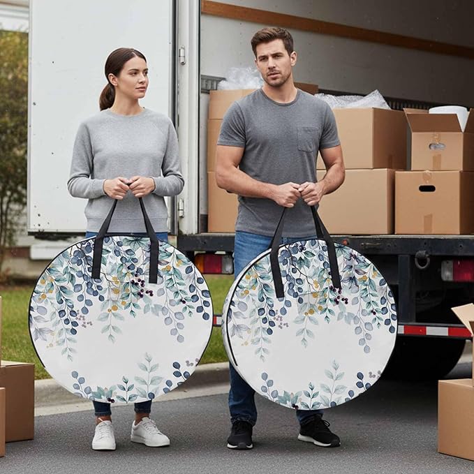 Storage Bag Blue Eucalyptus Leaves Round Storage Totes Bins Closet Organizers with Zippers & Handle Berry Branch Nature Plant Clothes Storage Container for Bedroom Dorm Space Saving Packing Supplies