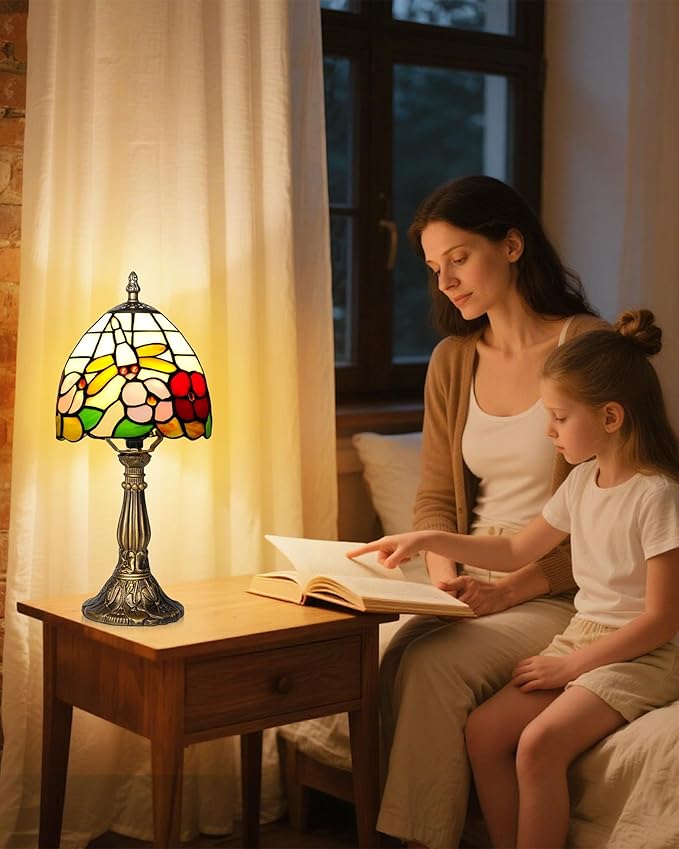 Small Tiffany Style Table Lamp, 5" Antique Stained Glass Lamp, Desk Bedside Table Night Lamp for Bedroom, Living Room, Office, Handcrafted Light (Dragonfly & Flower)