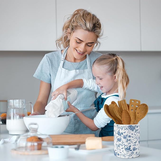 Whaline Blue Floral Ceramic Utensil Holder Vintage Chinoiserie Flower Bird Utensil Crock for Home Kitchen Countertop Storage Organizer Container