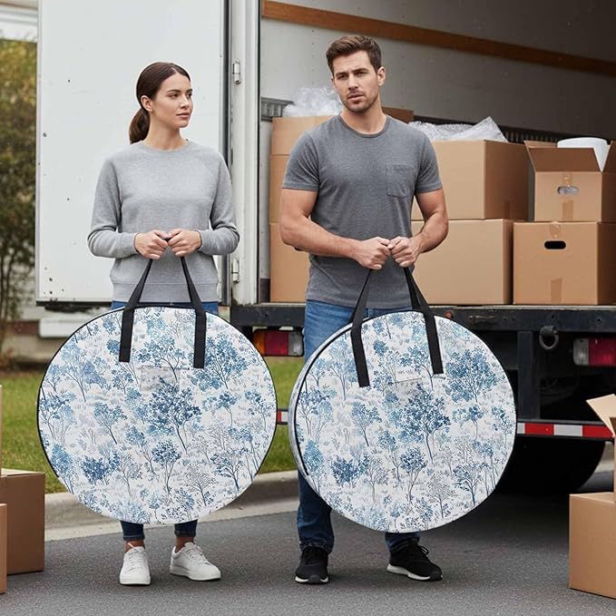 Storage Bag Maple Tree Pine Round Storage Totes Bins Closet Organizers with Zippers & Handle Watercolor Plants Blue Clothes Storage Container for Bedroom Dorm Space Saving Packing Supplies Moving Bags