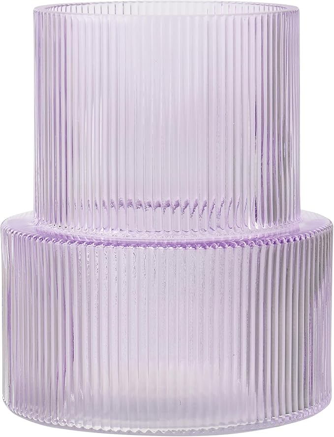 Ribbed Glass Vase, Flower Vase, Fluted Purple Vases for Flowers, Modern Vases for Living Room, Dining Table, Entryway, Shelf, Wedding, Office, Coffee Table, Birthday, 7.5 Inches