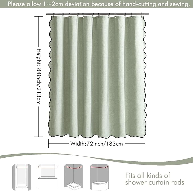 MIULEE 84" Long Scalloped Shower Curtain Linen Textured with 12 Metal Hooks Cute Extra Long Heavy Duty Washable Waterproof Cloth Spring Shower Curtains with Black Border for Bathroom Hotel,Sage Green