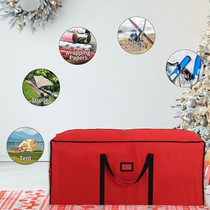 combocube Large Christmas Tree Storage Bag 7.5 ft, 600D Oxford Fabric Heavy Duty Christmas Tree Container, Waterproof Xmas Artificial Tree Storage Box with Reinforced Handles and Dual Zippers, Red