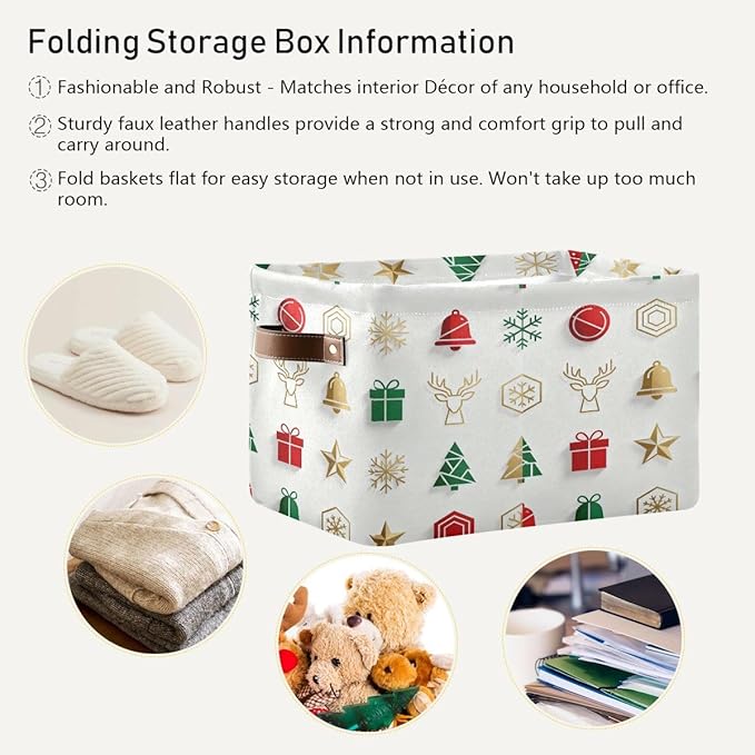 Christmas Storage Basket, Collapsible Fabric Container with Holiday Pattern, 14.2x10.2x8.3 Inches, Leather Handles, Multi-Purpose Home Organization