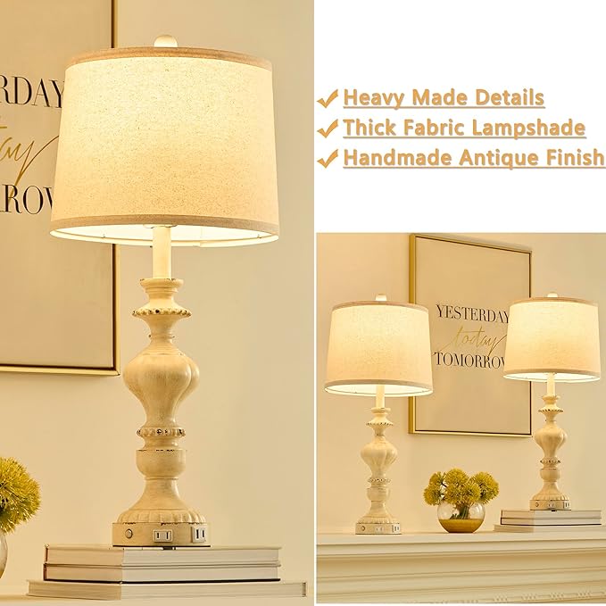 SAIWEYA 27.5" Farmhouse Table Lamps Set of 2 Bedside Nightstand Lamp with USB C+A Ports & AC Outlet, 3 Way Dimmable Touch Lamps for Bedroom Living Room Office Hallway Rustic Traditional Lamp