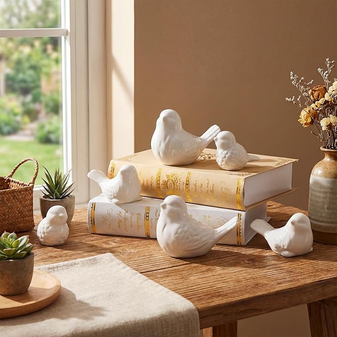 Remerry 6 Pcs White Ceramic Birds Figurines 3 Sizes Home Decor Trinkets for Shelf Decor Gift for Home Garden Statue Decorative Ceramic Chubby Bird Figure Ornaments Crafts Animal Model Gift Decoration