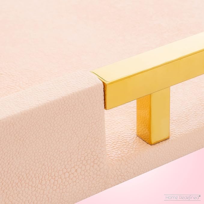 Home Redefined Modern Elegant 17.5"x12" Rectangle Baby Pink Tray Glossy Shagreen Faux Leather Decorative Ottoman Coffee Table Perfume Dresser Kitchen Serving Tray with Gold Polished Metal Handles.