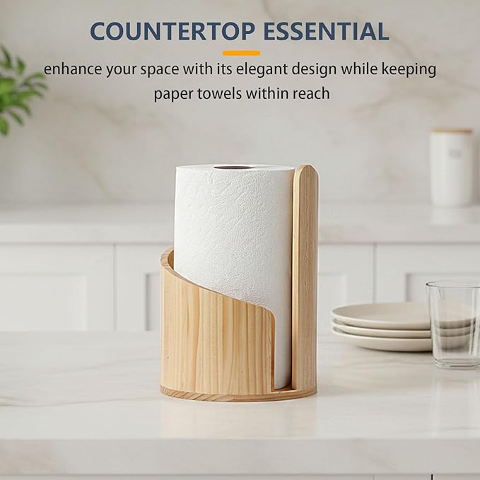 Paper Towel Holder Countertop with Wood Round Base and Iron Holder,Holds Mega Roll,Holder Stand for Kitchen Roll Organize,Wooden Paper Towel Holder for Kitchen Dining Table Home Decor